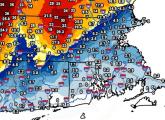 Map showing snowfall totals in southern New England, low along the cost, high further west