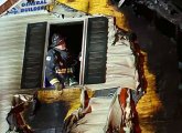 Firefighter surveys damage from window