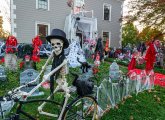 Skeletons and other Halloween creatures on Appleton Street in Cambridge