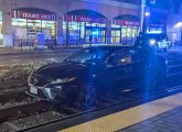 Car on Green Line tracks in Coolidge Corner