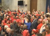 Councilors with UNITE HERE 26 members in Council chambers