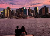 View of downtown Boston from the East Boston waterfront at sunset