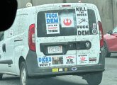 Truck with Rebel Alliance, Confederate stickers on I-93