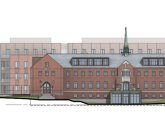 Rendering of proposed Poor Clare Nuns project, with existing building in front