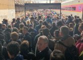 Crammed commuter-rail platform at Porter Square in Cambridge