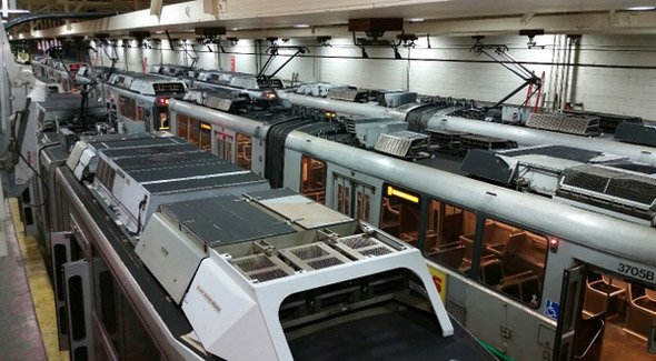 Green Line trolleys in a car barn