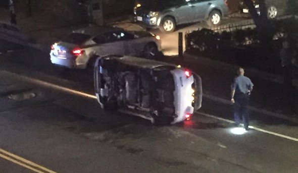 Flipped car on Massachusetts Avenue in Boston