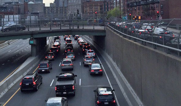 Cars going nowhere fast on the Massachusetts Turnpike in downtown Boston