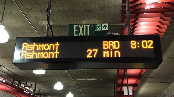 Signboard shows next Red Line train in 27 minutes at rush hour