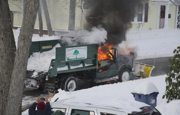 Landscaping truck on fire in Roslindale