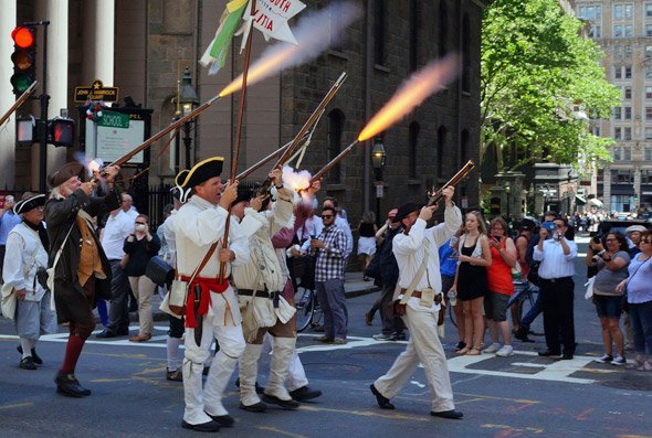 Minutemen fire muskets on Tremont Street