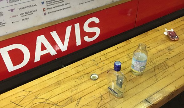 Empty bottles at Davis station on the Red Line