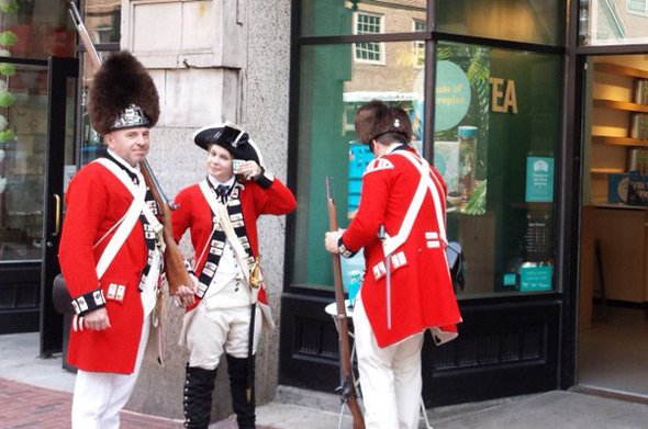 British Redcoats enjoying tea in downtown Boston
