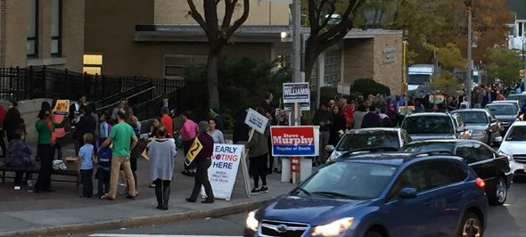 Long voting line in Roslindale