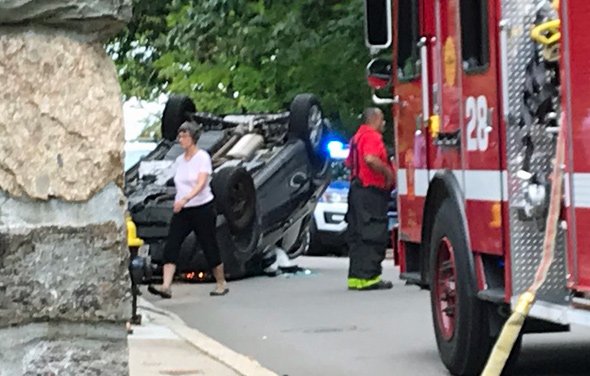 Flipped car on Greenough Avenue in Jamaica Plain