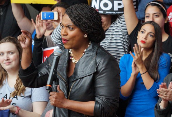 Pressley speaks as AOC, others listen