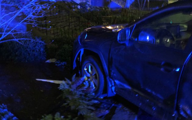 Crashed car at Beacon and Berkeley streets in the Back Bay