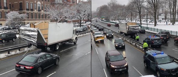Two views of a truck that has had its roof peeled back by a Storrow Drive bridge