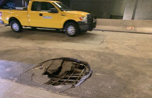 Giant pothole in Pru tunnel