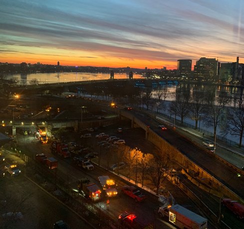 Sunset over Storrow Drive, still bocked due to transformer spill