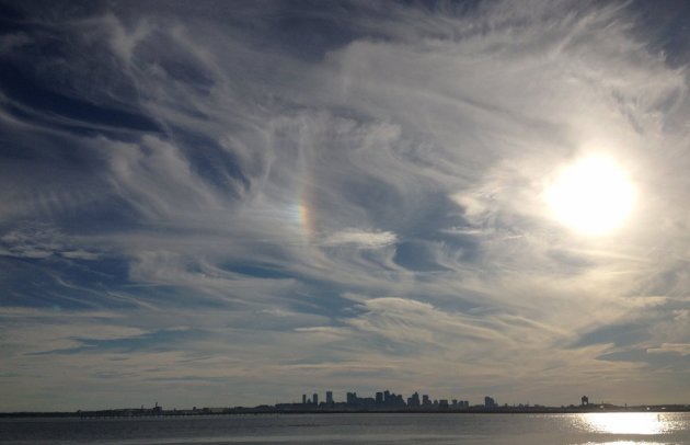 Swirly skies over Boston Harbor as seen from Deer Island