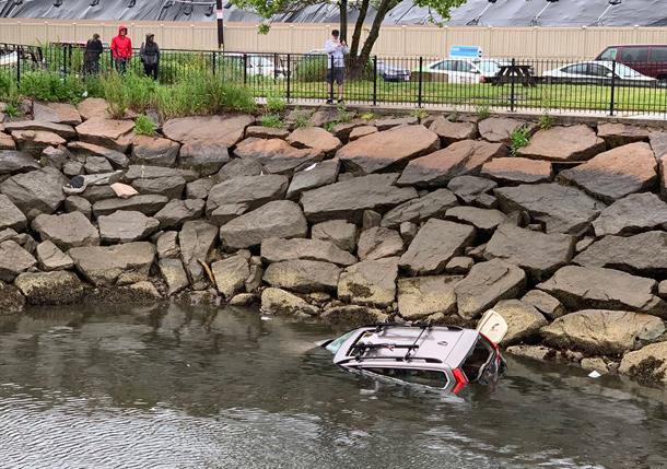 Volvo in water off Terminal Street in Charlestown