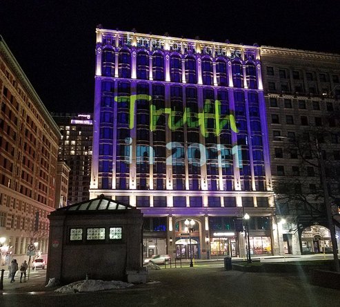 Truth in 2021 on the side of the Little Building at Boylston and Tremont