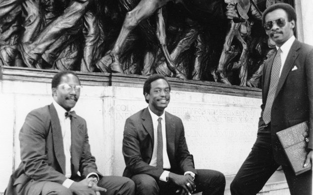 Three men at the Robert Gould Shaw memorial in the 1980s