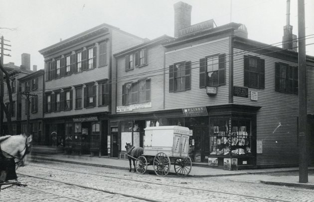 Street scene in old Boston, with horses