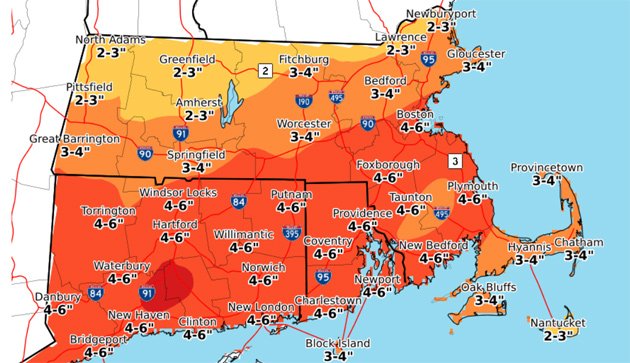 Map showing estimated rain totals across southern New England - 4-6 inches in Boston