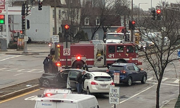 Car crash at Columbia Road and Dorchester Avenue