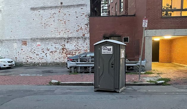 Porta potty just sititng at Fulton and Lewis streets in the North End
