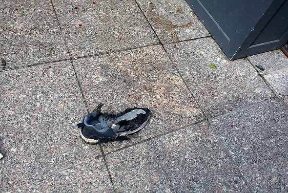 Destroyed sneaker on Boylston Street