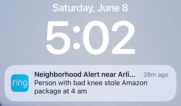 Ring alert from Arlington: Package stolen by person with a bad knee