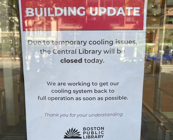 Sign on door at central library saying it's shut due to cooling issues