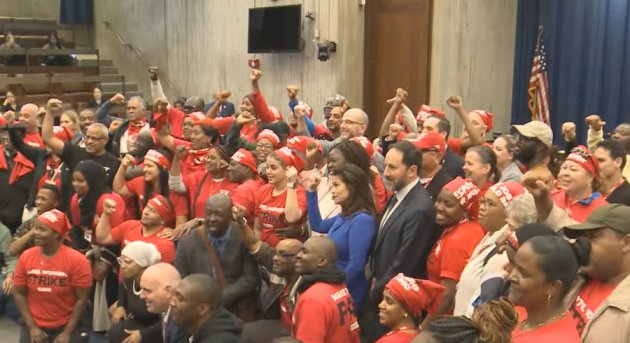 Councilors with UNITE HERE 26 members in Council chambers