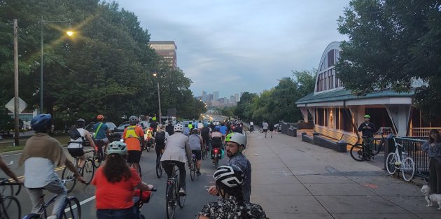 Critical Mass riders on Memorial Drive