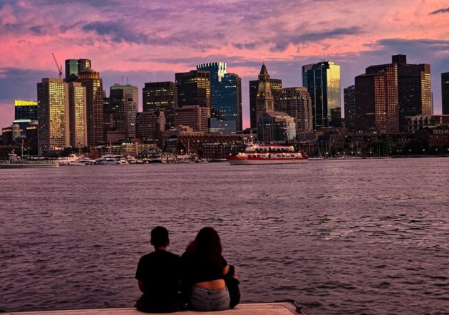 View of downtown Boston from the East Boston waterfront at sunset