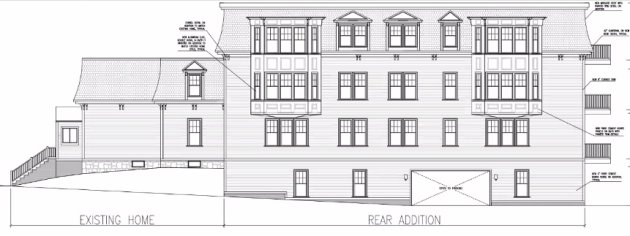 Side rendering of proposed Fuller Street house and new condos