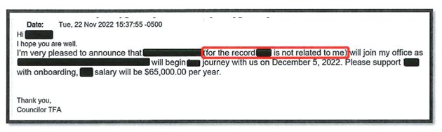 E-mail to city employee claiming new hire was not a relative