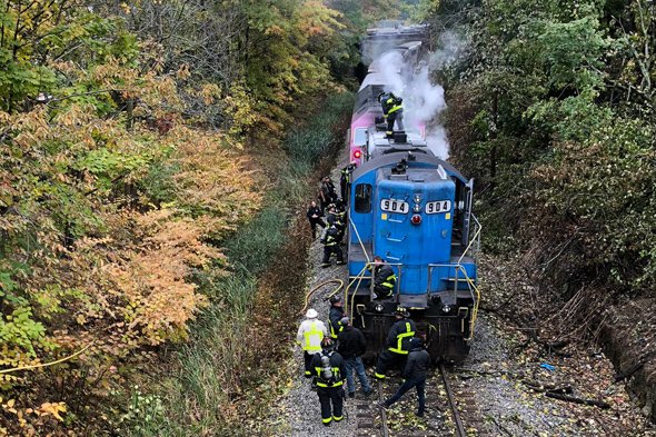 Locomotive on fire in West Roxbury