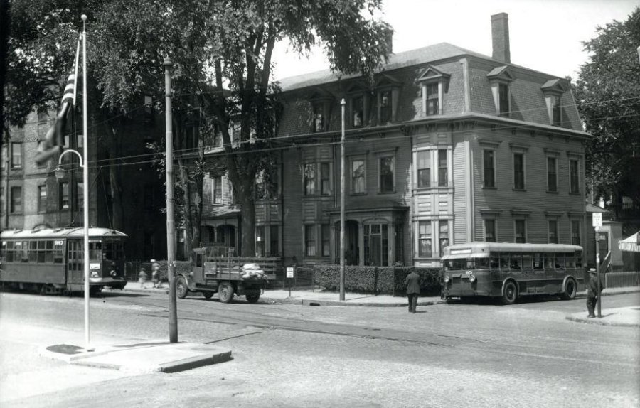 Bus and trolley in old Boston