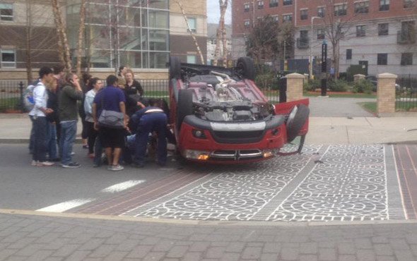 Flipped car on Huntington Avenue in Boston