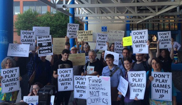 Protesters before the meeting in Jamaica Plain