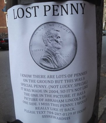 Flier for lost 2004 penny in the Fenway