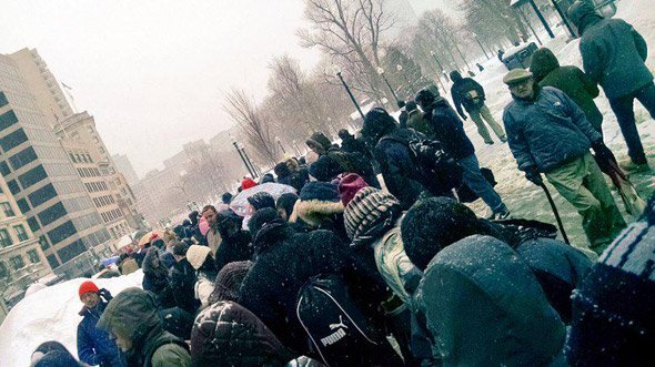 Crowds moving to Red Line shuttle buses at Park Street