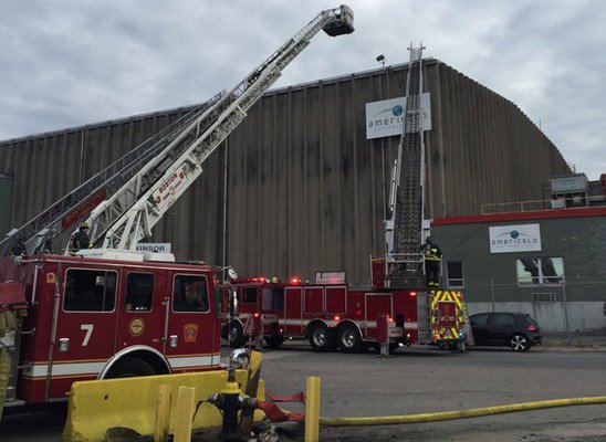 Firetrucks at 100 Widett Circle cold-storage fire