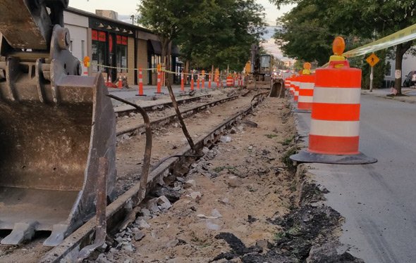 Old trolley tracks under Arsenal Street in Watertown