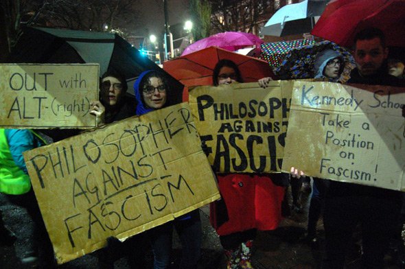 Anti-Trump protesters in Harvard Square