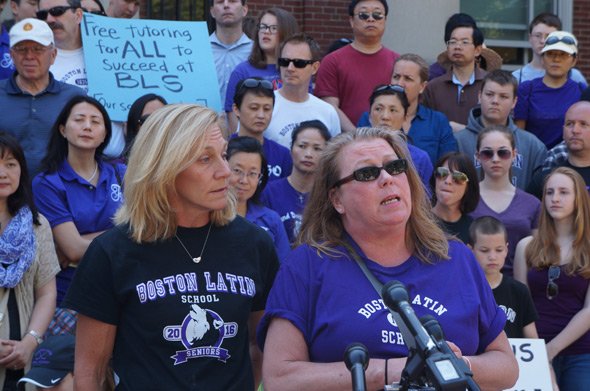 Barbara Peterlin and Kristin Johnson at Boston Latin School rally